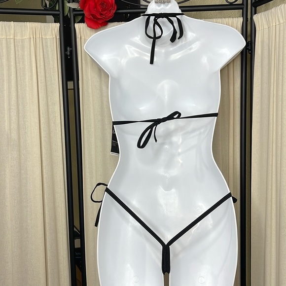 NEW! BLACK LIGHT HOT PINK & BLACK LACE DANCE THONG BIKINI SET OSFM - Picture 7 of 11